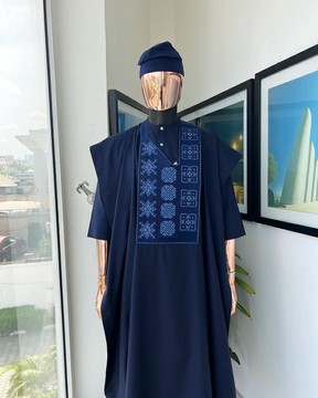 A navy blue, Arewa interwoven pattern embroidery details agbada