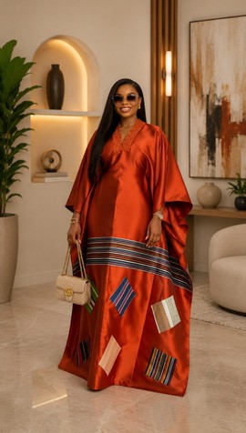 Rust Orange Satin Kaftan Gown with Beaded Collar &amp; Kente Stripe Patchwork