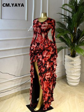"Women's Red &amp; Black Tie-Dye Ruffle Maxi Dress – Long Sleeve Bodycon Gown with High Slit