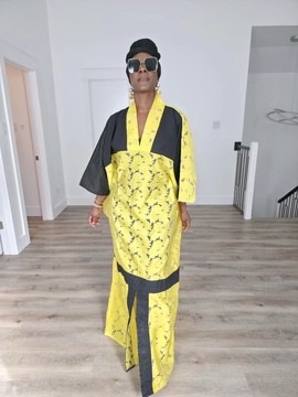 Yellow Lace Kaftan – Modern African Boubou with Black Accents