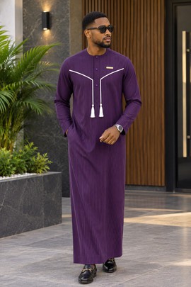 Men's Purple Pinstripe Thobe – Long Sleeve Jalabiya with Tassel Detail