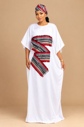 White African Kaftan Gown with Red Black Striped Patchwork and Matching Headwrap