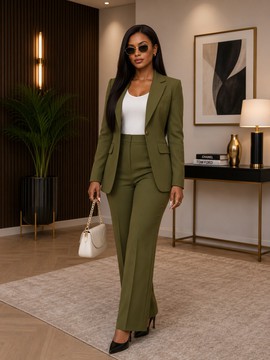 Women's Olive Green Cotton Blazer &amp; Trouser Suit Set – Tailored 2 Piece Office Power Suit