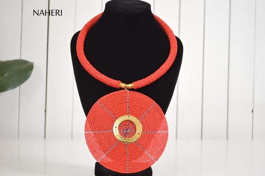 African red beaded necklace disc pendant with brass