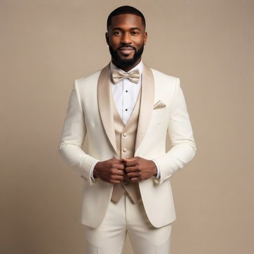 Smoking ivoire avec revers châle en satin champagne et gilet
