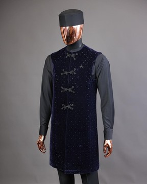 A charcoal black long sleeve kaftan, Midnight blue soaked velvet kimono jacket, pant trouser &amp; hat