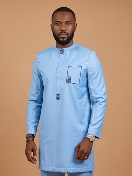 Men's Powder Blue Modern Senator Suit with Minimalist Monogram Motif