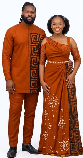 Elegant Couple Matching Traditional Outfit. One-Shoulder Embellished Gown &amp; Men’s Senator
