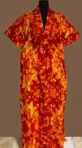 radiant red and orange patterned kimono dress for vibrant style