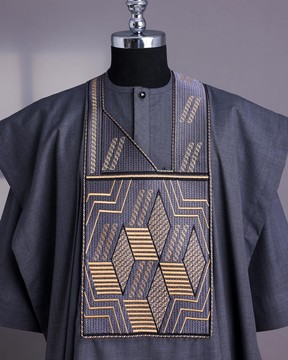 A grey, fused slanted square embroidery details agbada