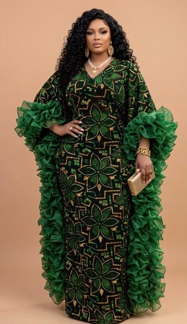 Maxi Kaftan Dress with Ruffle Sleeves – Luxury Green Print Boubou Gown for WomenI’m