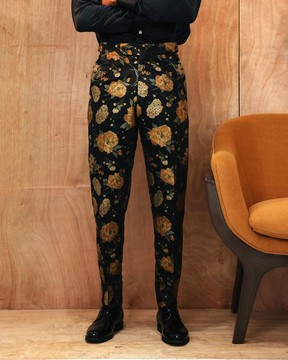 A yellow, silk black with a splash of gold print jacquard pants.