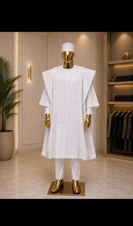 Men's White Agbada with Intricate Embroidered Chest Panel – Three-Piece Traditional Nigerian Set