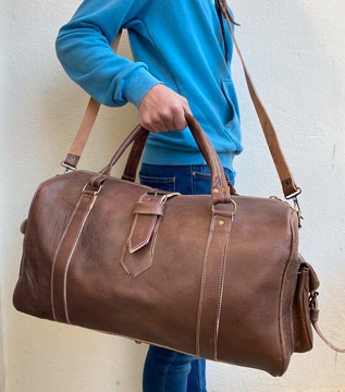 Sac à voyage fait à la main en cuir véritable avec compartiment à chaussures - Grand sac de week-end
