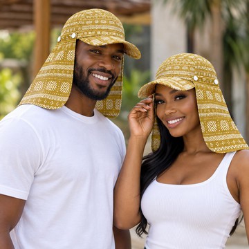 Chapeau de soleil tricoté à imprimé tribal africain doré avec couvre-nuque | Mode estivale tribale | Bynelo