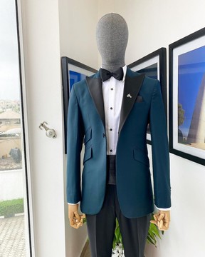 A Peak Lapel, one button, Sacramento green blazer tuxedo suit