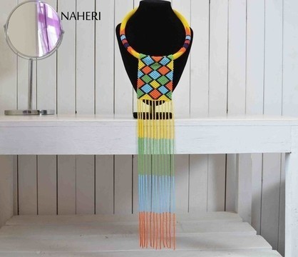 African Maasai Beaded Necklace | Zulu Beaded Yellow Fringe Necklace | Tiered &amp; Tribal