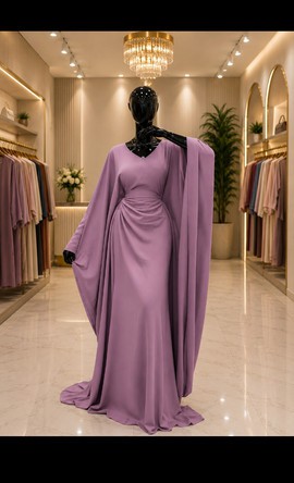 Women's Mauve Draped Evening Gown – V-Neck Ruched Waist Dress with Long Cape Sleeve