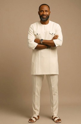 Men's Cream Nigerian Senator Suit Set — Pleated Tunic Top &amp; Slim Trousers | African Formal Wear