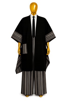 "Men's Black &amp; White Striped Aso-Oke Trim Kimono Cape &amp; Wide-Leg Trouser Set
