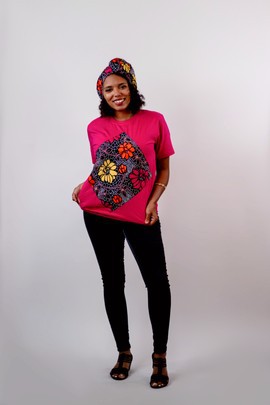 2-pics. Jasmine t-shirt with pre-tied headband (Pink)| Ankara Top| Ankara T-Shirt| Gifts For Her