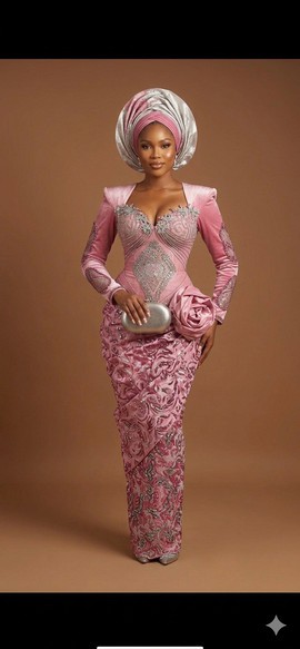 Rose Pink Velvet and Silver Embellished Corset Gown with Rosette Accent