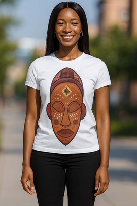 T-shirt blanc pour femme avec visage de mascarade africaine, féroce et féminin
