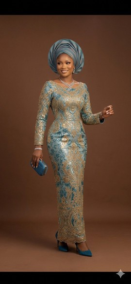 Robe Aso Ebi entièrement recouverte de sequins bleu sarcelle doux et dorés