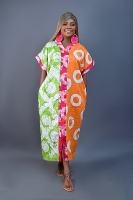 African Adire Batik Boubou Kaftan Maxi dress (green/orange/pink)