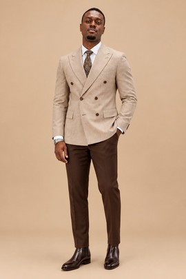 Men’s Beige Double-Breasted Blazer &amp; Dark Brown Trousers Set