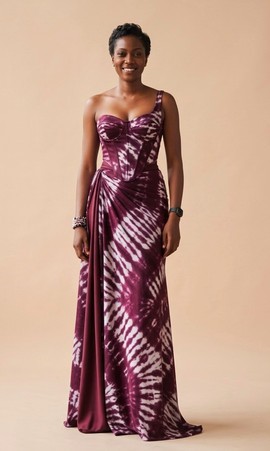 Elegant Burgundy Tie-Dye Maxi Dress – One Shoulder Corset Evening Gown for Women