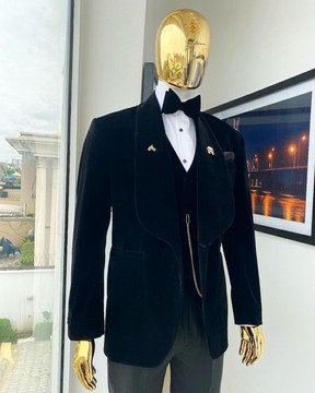 A Soaked velvet charcoal black tuxedo suit