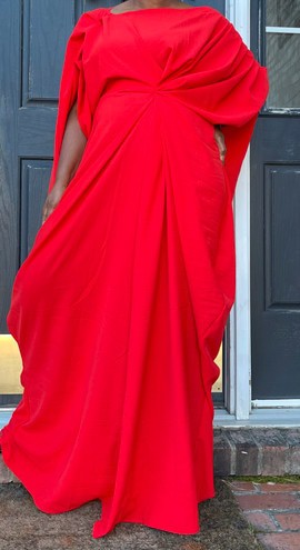 Bright Red Twist-front Asymmetrical Drape Shoulder Maxi Kaftan Dress