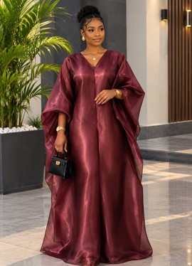 Women's Burgundy Shimmer Kaftan Maxi Dress with Dramatic Batwing Sleeves