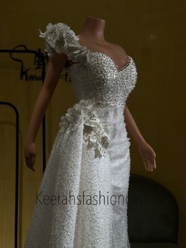 Beaded White lace wedding dress, engagement dress, civil wedding gown