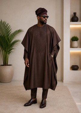 Men's Dark Brown Agbada Set – Senator Material Traditional Outfit with Tonal Embroidery &amp; Cap