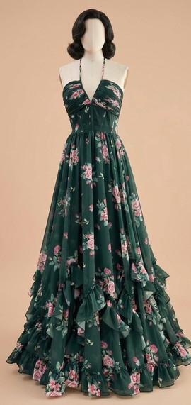 Elegant Green Floral Maxi Dress – Romantic Halter Neck Ruffle Layered Evening Gown