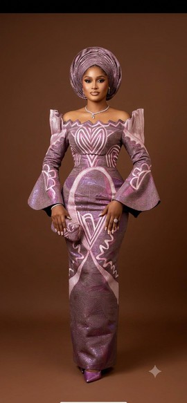 Mauve and Lilac Geometric Aso-Oke Couture Gown