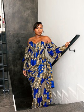 Robe corset bleue en Ankara, robe midi en imprimé africain, robe de soirée en Ankara