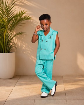 Kids Teal Sleeveless Double-Breasted Vest &amp; Wide Leg Pants Set