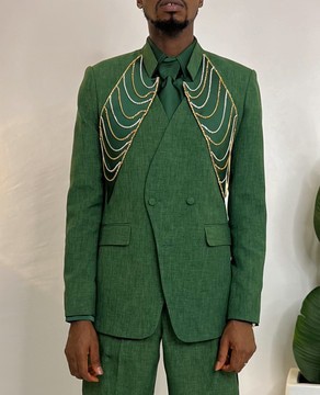 AVAILABLE IN ANY COLOR. Green tweed double breasted suit.