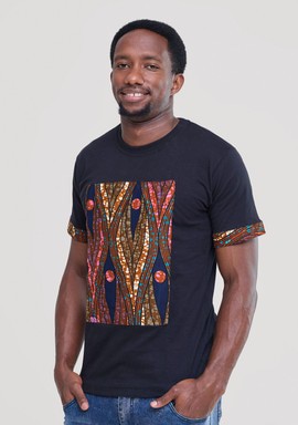 Men’s Black African Print T-Shirt – Ankara Chest Panel and Sleeve Detail