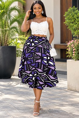 Jupe midi en bogolan tribal africain pour femme avec poches | Jupe midi à imprimé bogolan | Bynelo