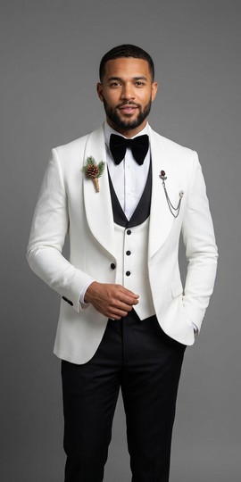 White Textured Tuxedo 3-Piece Suit with Black Satin Lapel &amp; Bow Tie – Men's Wedding Tuxedo