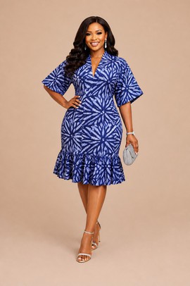 Blue Ankara Dress for Women, Bodycon  with Flare Hem, V-Neck Short Sleeve