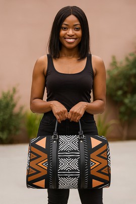 African Duffel Leather Bag for Travel Mudcloth Geometric Print