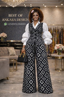Ensemble de luxe Ankara noir et blanc 3 pièces – Blazer, pantalon et blouse | Élégant tailleur africain pour femme