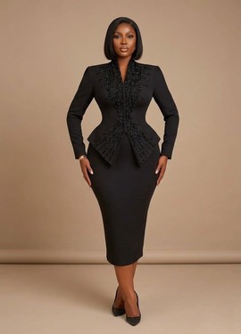 Ensemble tailleur deux pièces noir orné de cristaux, avec veste péplum et jupe crayon