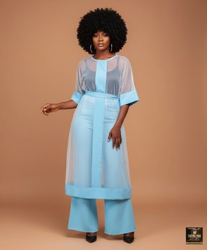 Blue sheer overlay pant set