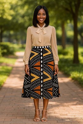 Cowrie Print African Traditional Skirt | Midi Length Afro Fashion